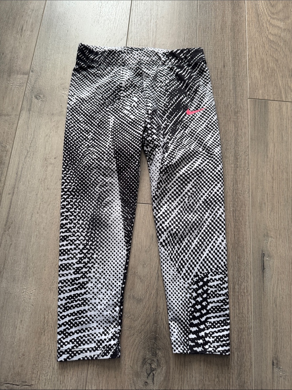Nike Girls Black & White Patterned Leggings with Pink Swoosh